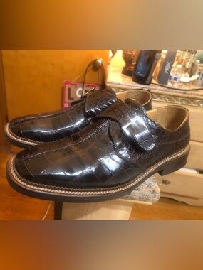 Mezlan Dark Brown Croc-Embossed Leather Monk Strap Shoes